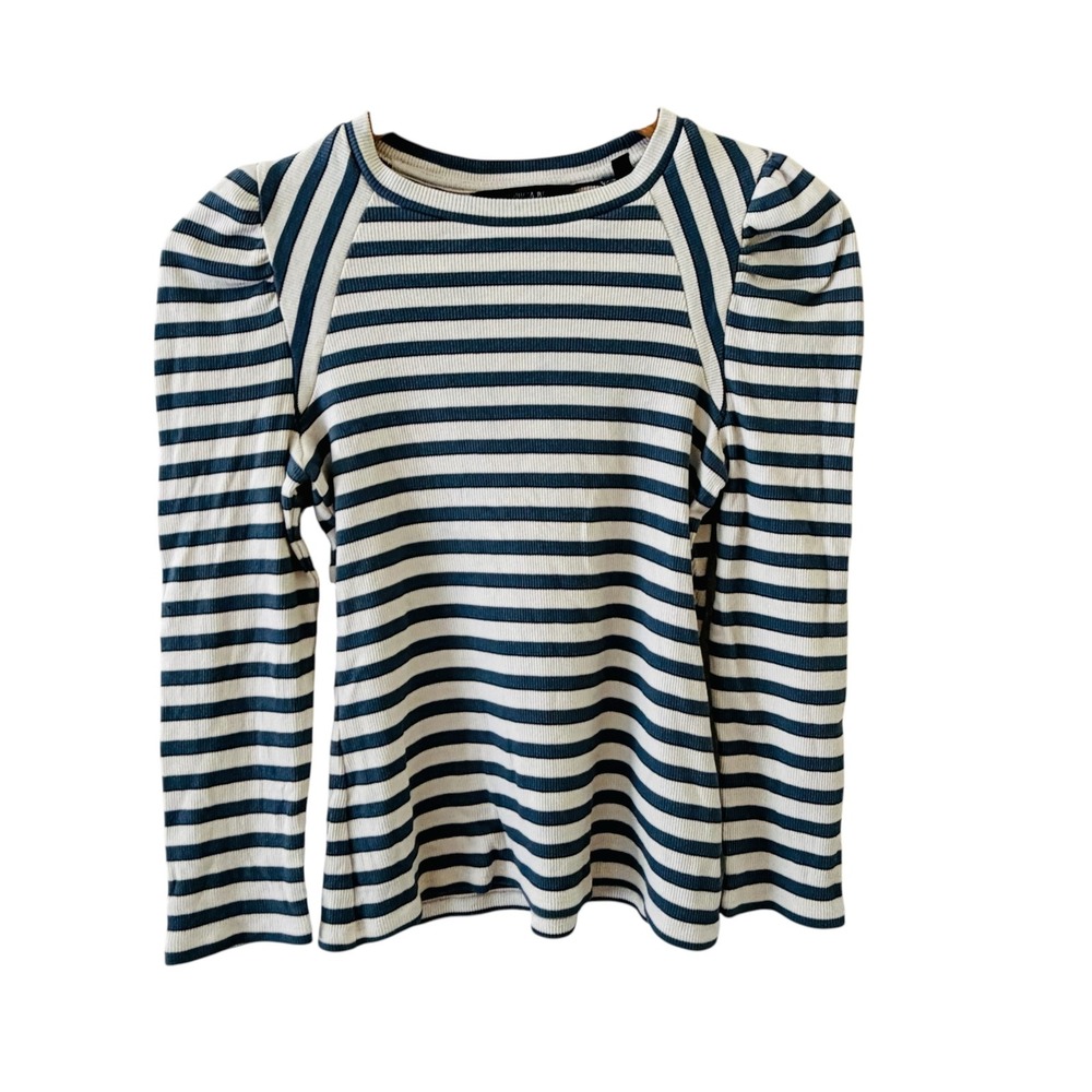 Veronica Beard Delano Striped Puff Sleeve Top Womens XS Blue Ecru Ocean Preppy
